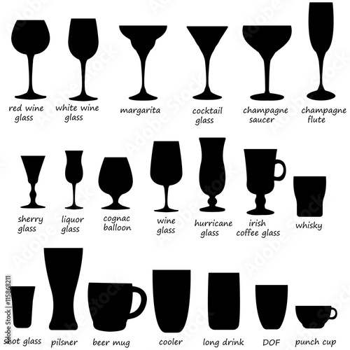 Glass collection. Cocktail glass silhouette. Vector set of monochrome glass.