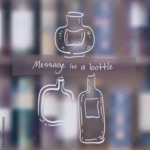 Message in a bottle. Bottles in hand drawn white line style over blurred mesh background. Separated layers, vector eps 10 illustration. 