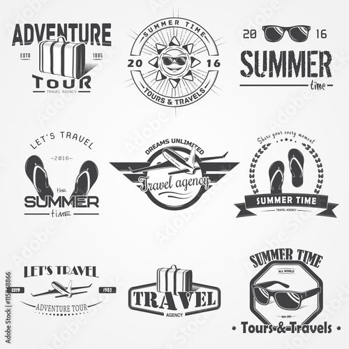 Summer time set. Tourist agency. Travel around the world. Detailed elements. Typographic labels, stickers, logos and badges.