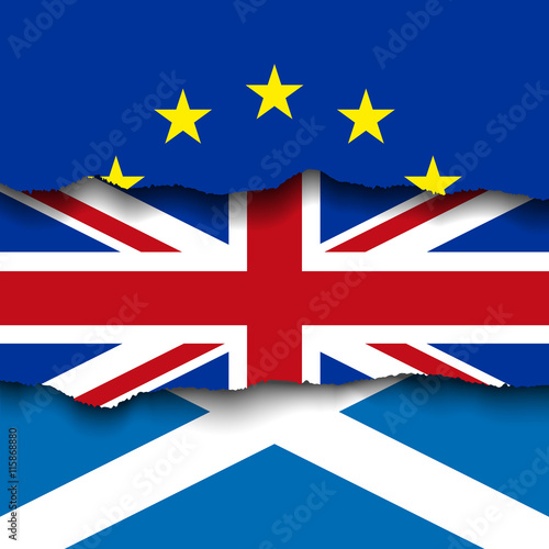 Torn flag of EU over flag of UK and Scotland, BREXIT vector illustration photo