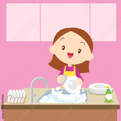 cute girl Dish washing