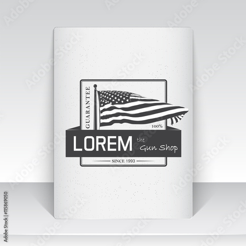 American gun shop. Firearms store. Hunting gun. Detailed elements. Typographic labels, stickers, logos and badges. Sheet of white paper.