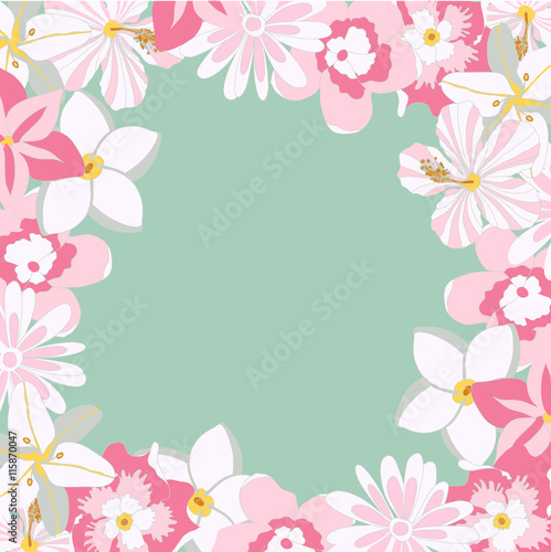 Vector frame with tropical pink flowers