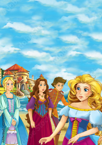 Cartoon scene of beautiful princess with friends on the beach - illustration for children