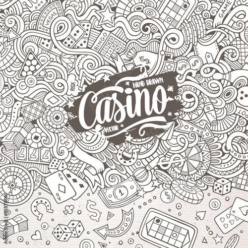 Cartoon hand-drawn doodles casino, gambling illustration