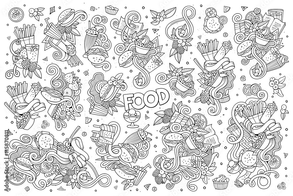 Line art vector hand drawn doodles cartoon set of food objects