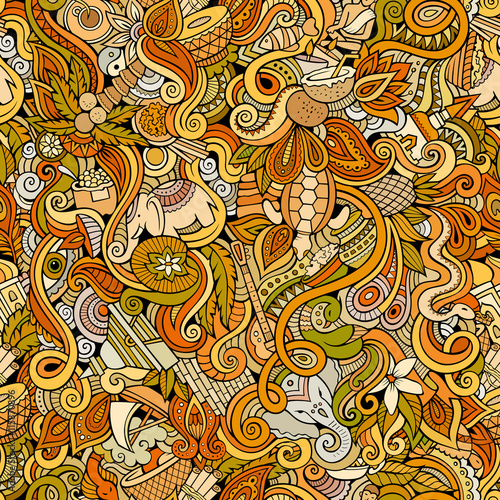 Cartoon hand-drawn doodles on the subject of Indian style theme seamless pattern