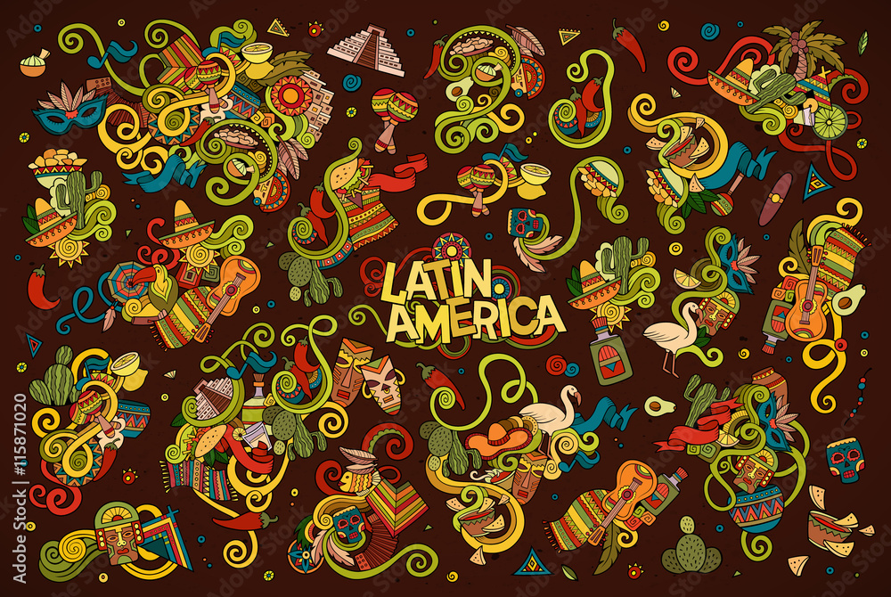 Fototapeta Kolorowe wektor ręcznie rysowane obiekty Doodle Ameryki Łacińskiej