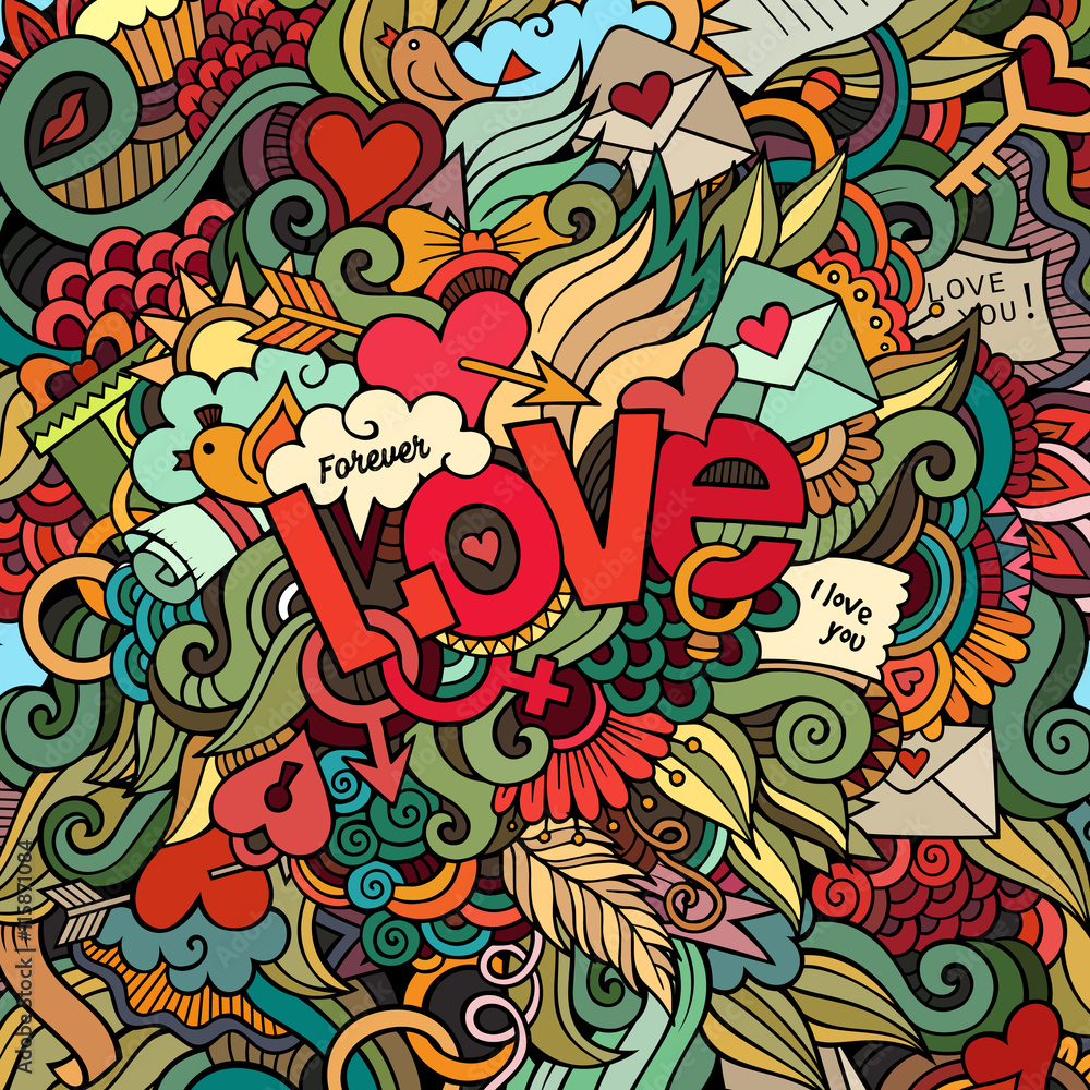 Love hand lettering and doodles elements background.