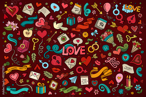 Colorful vector hand drawn doodles cartoon set of Love