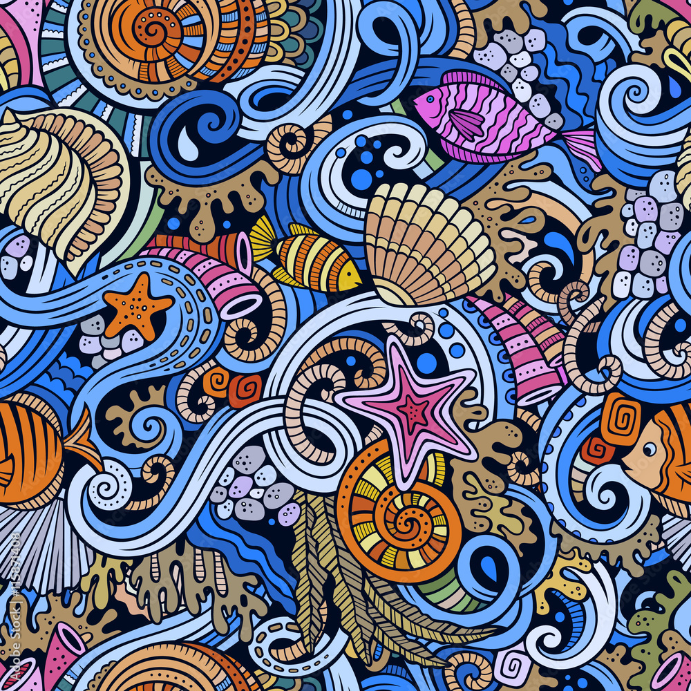Fototapeta premium Cartoon doodles under water life seamless pattern