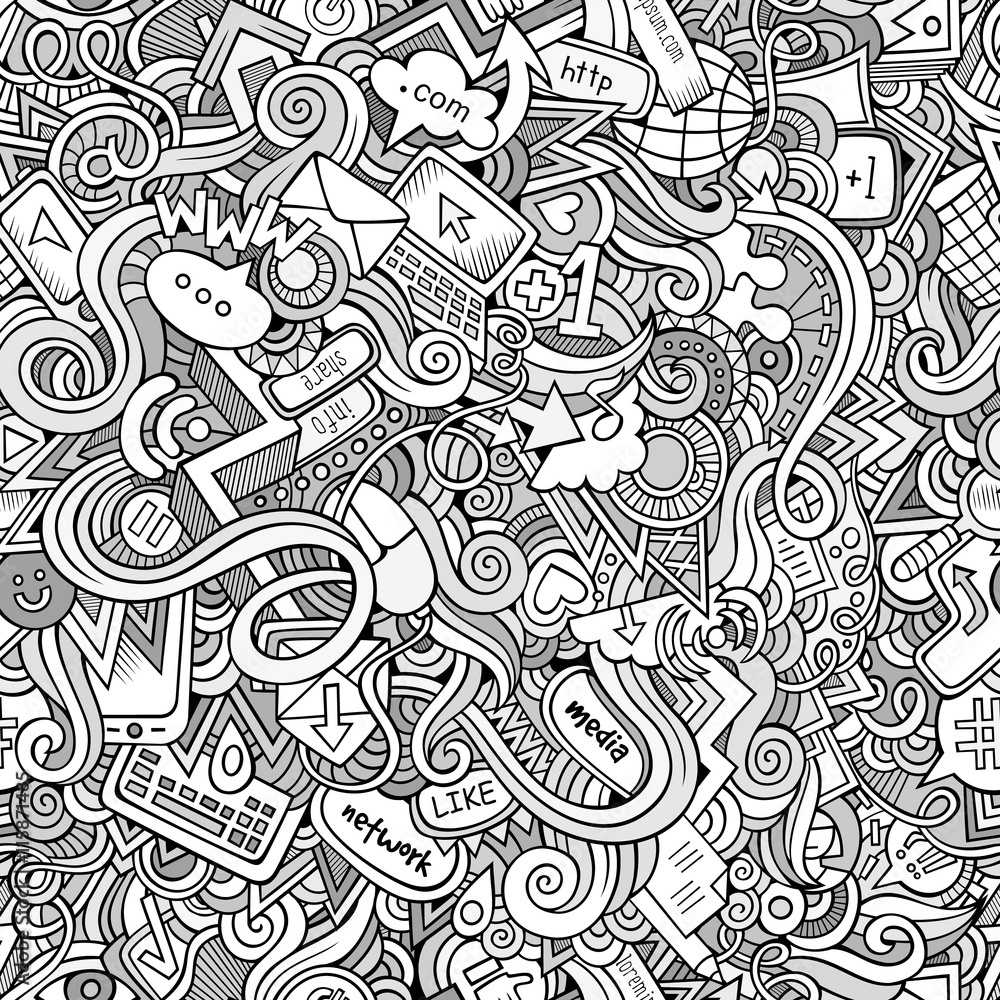 Fototapeta premium Cartoon hand-drawn doodles Internet social seamless pattern