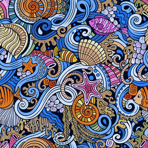 Cartoon doodles under water life seamless pattern