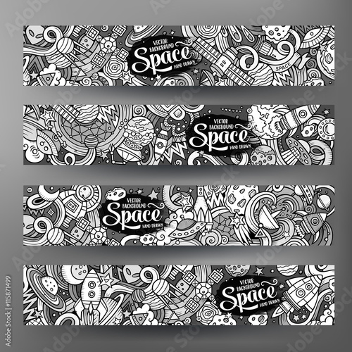 Cartoon cute doodles hand drawn space banners