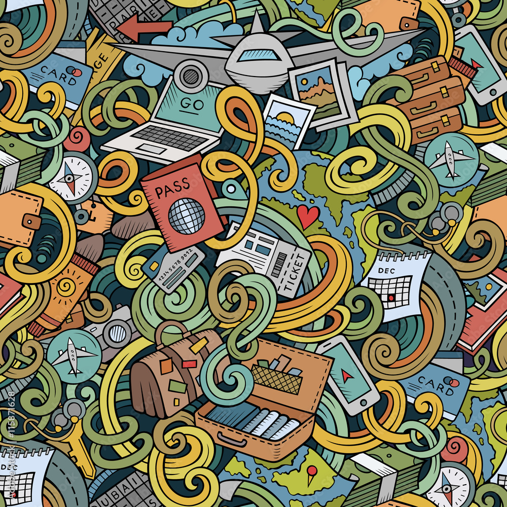 Fototapeta premium Cartoon doodles travel planning seamless pattern