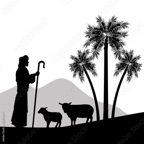 Merry Christmas and holy family concept represented by the shepherd and his sheeps icon. Silhouette and flat illustration.