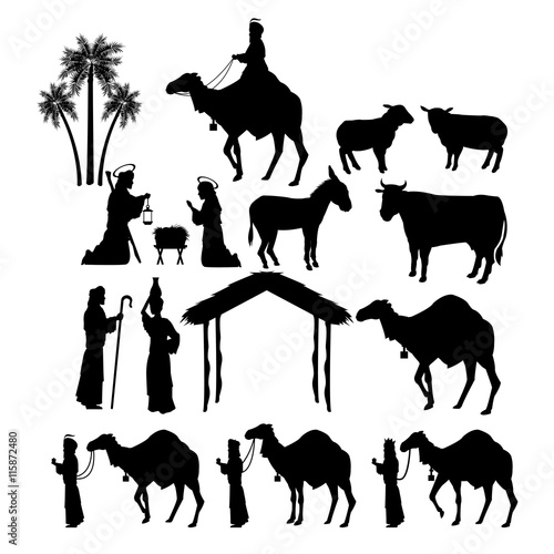 Merry Christmas and holy family concept represented by icon set figures. Silhouette and flat illustration.