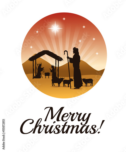 Merry Christmas and holy family concept represented by joseph, maria and jesus icon. Silhouette and flat illustration.
