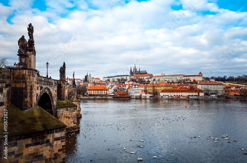 Old Town ancient architecture and river pier in Prague, Czech Re