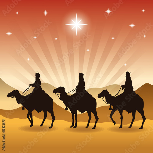 Merry Christmas and holy family concept represented by three wise men on camels icon. Silhouette and flat illustration.
