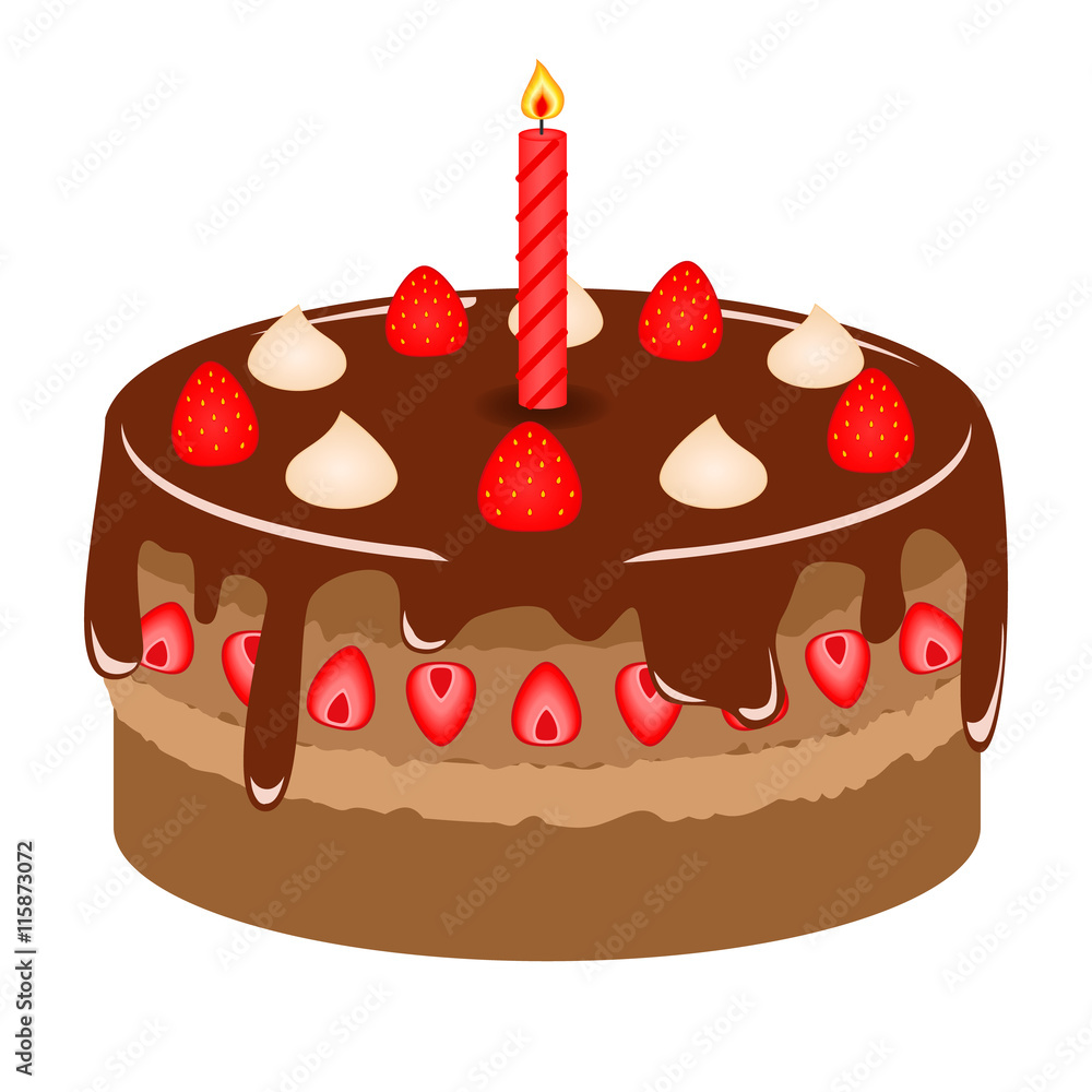 vector illustration chocolate cake with strawberry cream and a candle vector illustration chocolate cake with strawberry cream and a candle