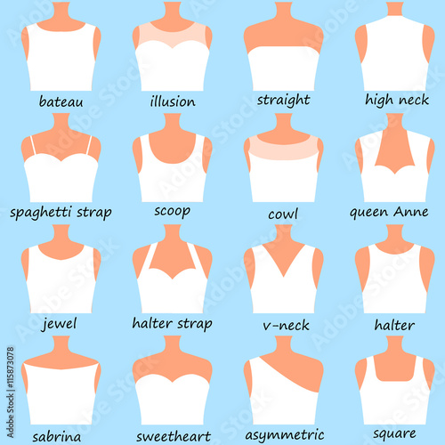 Wedding dress necklines. Vector illustration.