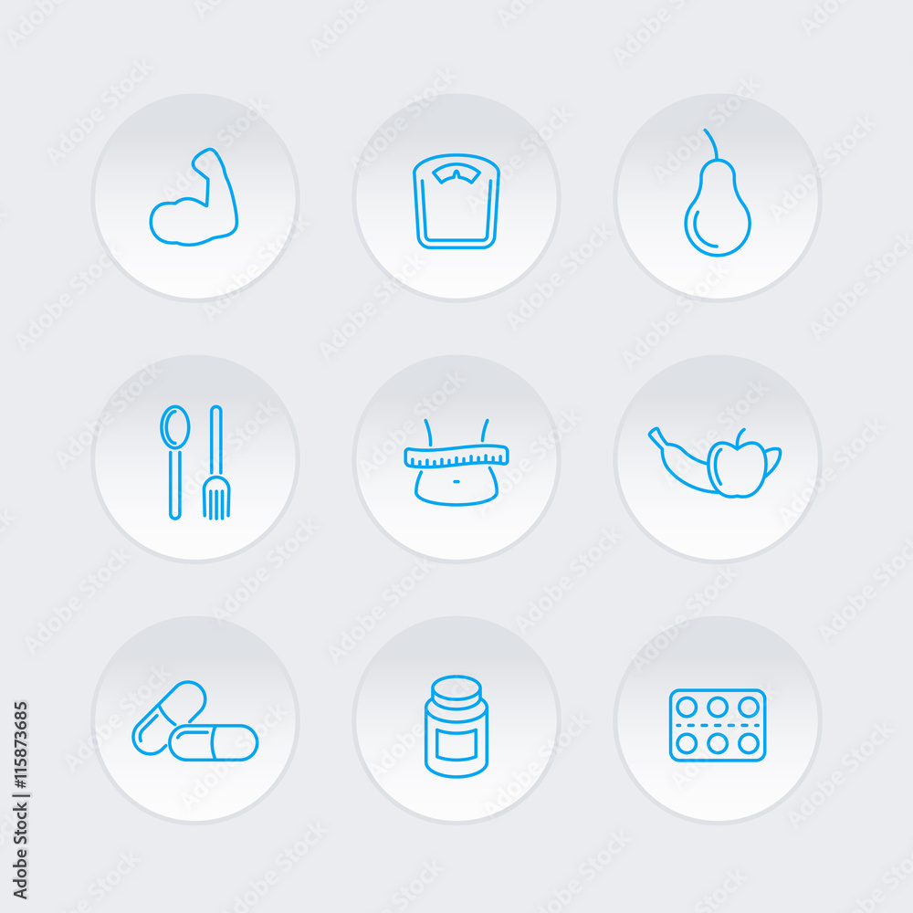 Diet, nutrition, dietary supplements round line icons, vector illustration Diet, nutrition, dietary supplements round line icons, vector illustration