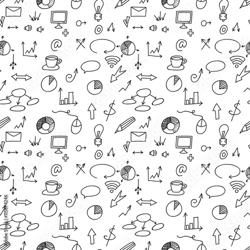 Social icons and business icons hand drawn seamless pattern . Doodle. Vector.