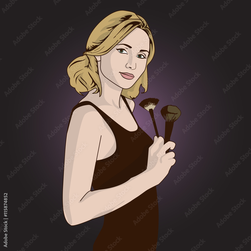 vector illustration of a woman holding makeup brush in her hand . template copy space for text vector illustration of a woman holding makeup brush in her hand . template copy space for text