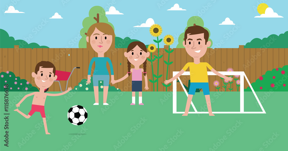 Illustration Of Family Playing Soccer In Garden Together Illustration Of Family Playing Soccer In Garden Together