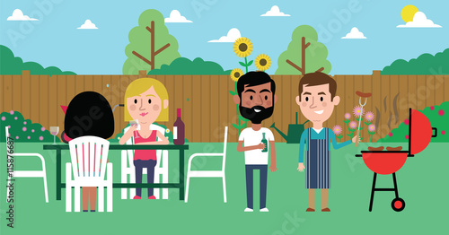 Illustration Of Friends Having Barbecue In Garden