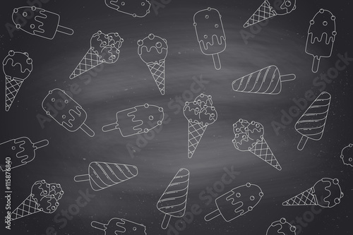 Seamless pattern with ice cream in line graphic. Concept graphic design ice cream and popsicle for ice cream shop, cafe and dessert menu on chalkboard background. Vector illustration