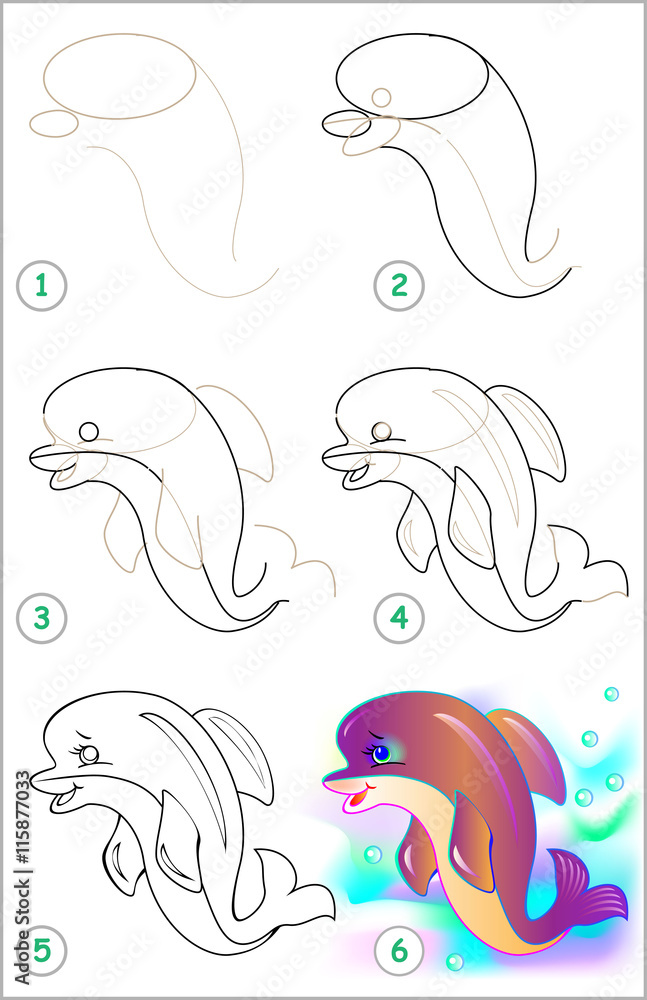 Naklejka premium Page shows how to learn step by step to draw a dolphin. Developing children skills for drawing and coloring. Vector image.