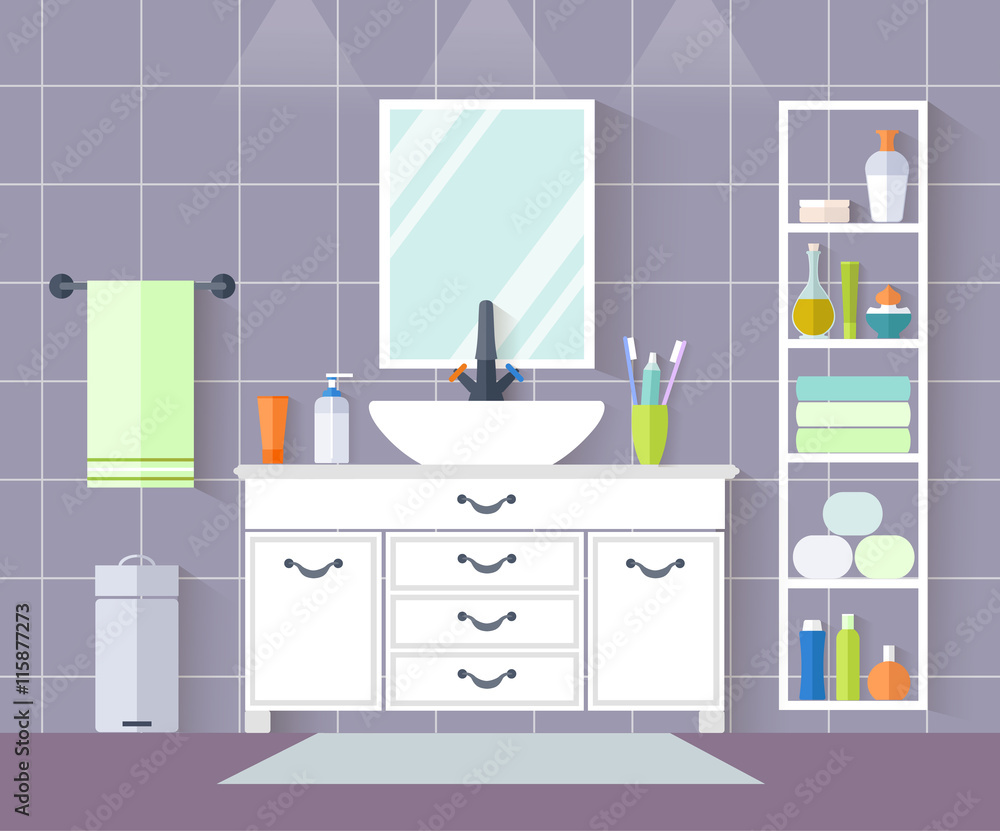 Interior design of a bathroom in a flat style. Vector illustration. Bathroom with sink, wardrobe accessories, towels, soap. Interior design of a bathroom in a flat style. Vector illustration. Bathroom with sink, wardrobe accessories, towels, soap.