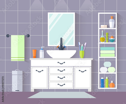 Interior design of a bathroom in a flat style. Vector illustration. Bathroom with sink, wardrobe accessories, towels, soap.