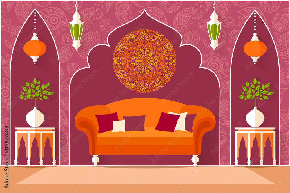 The interior design in oriental style. Living room in a flat style