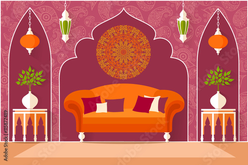 The interior design in oriental style. Living room in a flat style. Vector illustration. The concept of turkish arabian or indian interior. Ornate palace.