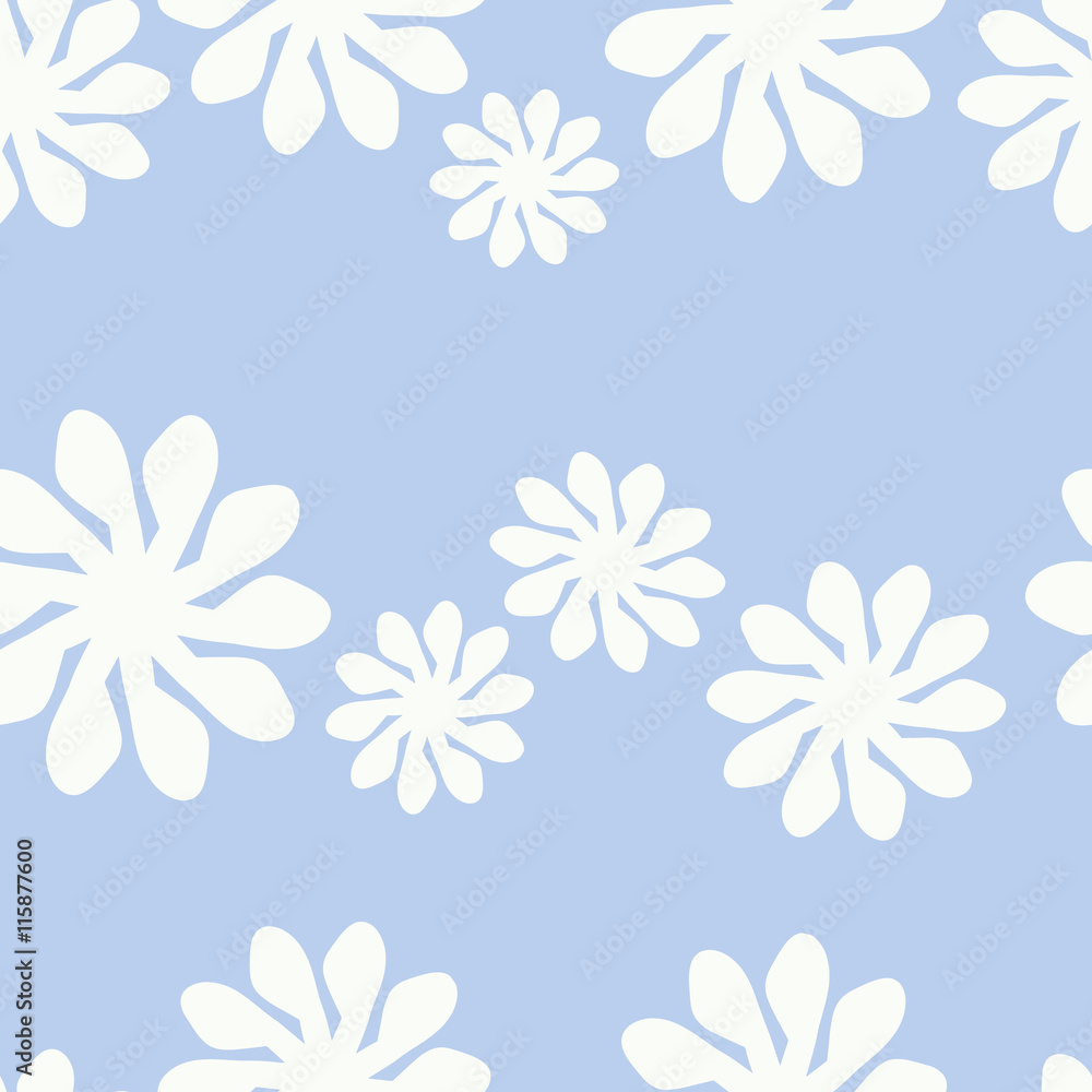 Cute seamless pattern with white chamomiles on a pastel blue background Cute seamless pattern with white chamomiles on a pastel blue background