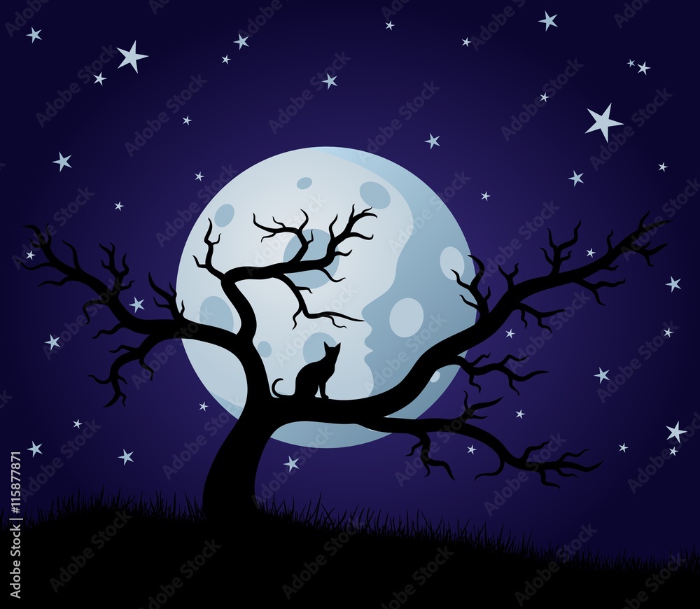 Night landscape with moon and tree. Night landscape with moon and tree.
