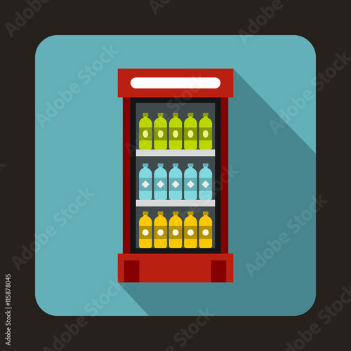 Fridge with refreshments drinks icon in flat style on a light blue background
