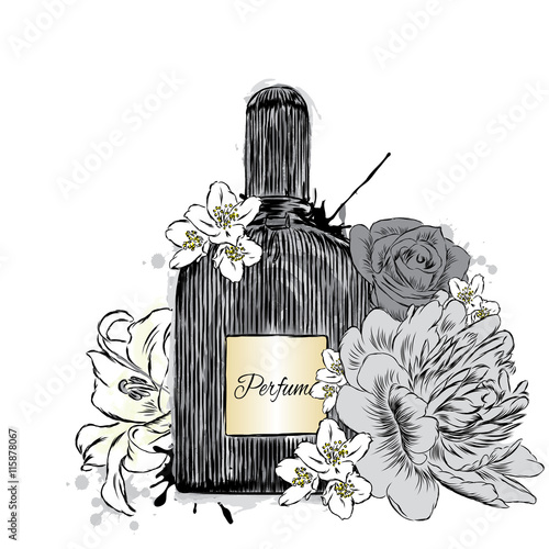 Perfume bottle and flowers. Vector . Print on a postcard, poster or clothing.