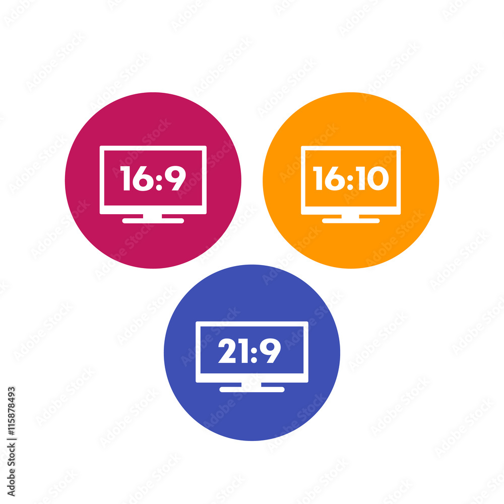 Aspect ratio icons on white, 16:9, 16:10, 21:9 widescreen tv, monitors, vector illustration