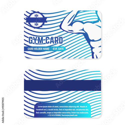 fitness club, gym card template design with athlete, blue on white