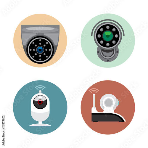 Surveillance recording security camera set flat style. Remote controled cand stationary devices. Digital vector image