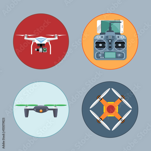 Drone set flat style. Remote controled copter, mobile phone, control board. Digital vector image