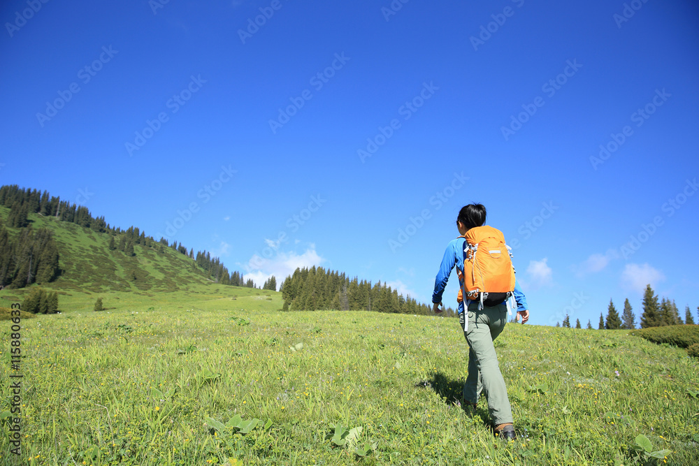 young woman backpacker hiking on beautiful mountain peak young woman backpacker hiking on beautiful mountain peak