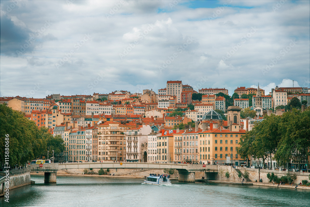   Lyon cityscape from Saone river with colorful houses