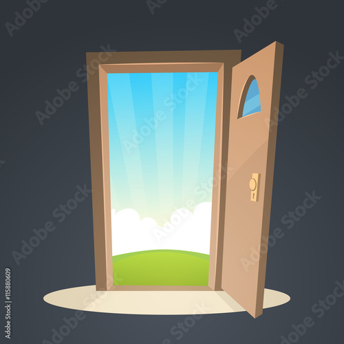 Cartoon illustration of the open door and a view on a field.