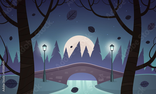 Small stone bridge in the park with retro lamps, night cartoon landscape.