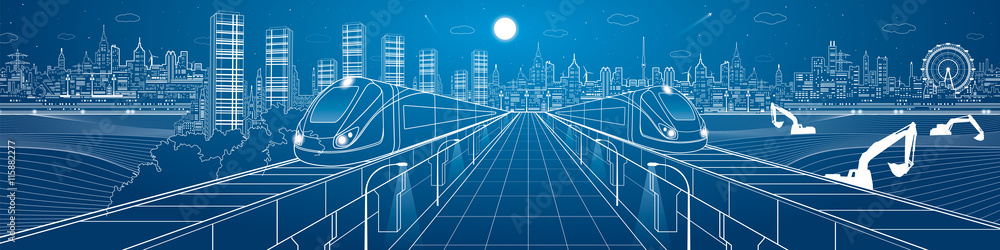 Amazing infrastructure panorama city, trains travel over bridges, industrial and transportation illustration, night town, airplane flying, building scene, vector design art